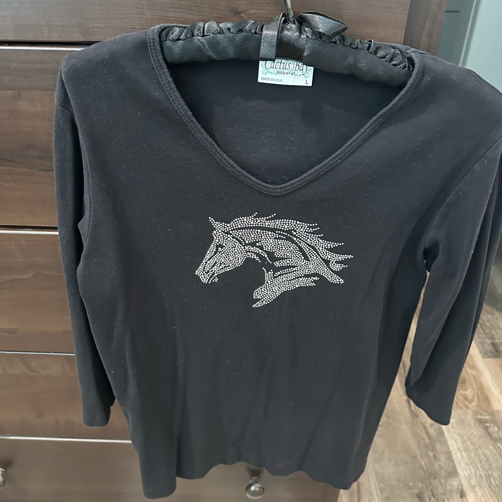 Black Long Sleeve Top with Silver Stallion Bling Horse Design